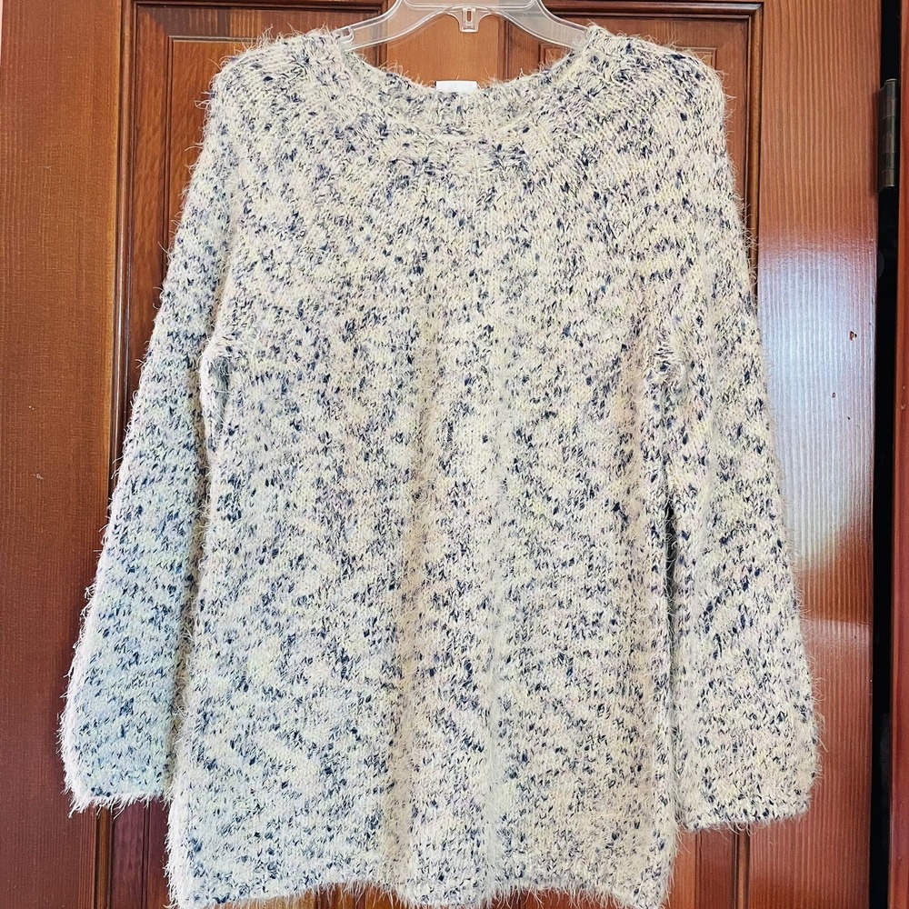 Lou Grey Eyelash Knit Sweater Women XS Blue White Fuzzy Soft Cozy Boho